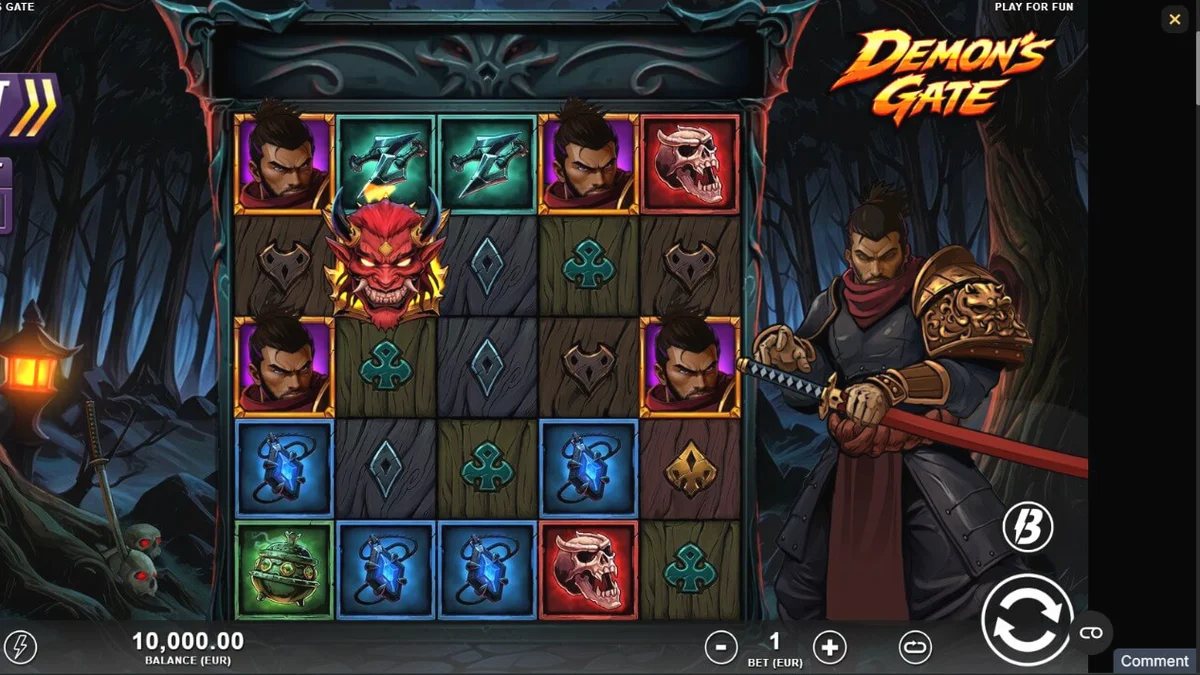 Cena de batalha sombria em Demon's Gate com o samurai e o portal do submundo
