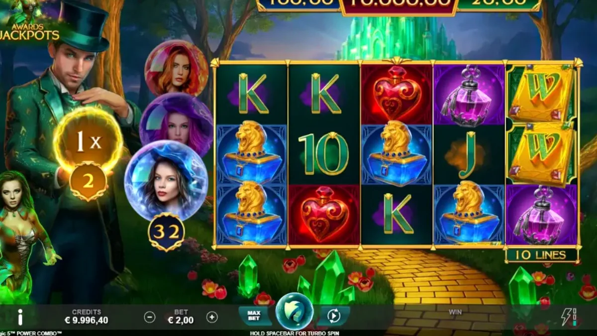 Cenário mágico do slot Book of Oz Magic 5 Power Combo com elementos da Cidade das Esmeraldas
